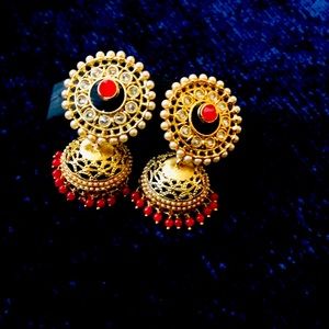 Big golden red zumka earrings, Indian jewelry